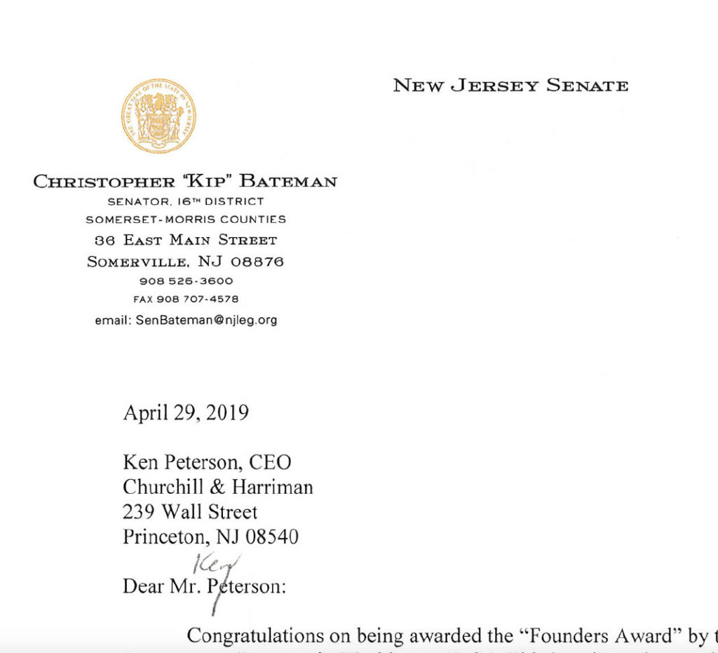 C&H is recognized by New Jersey State Senator Christoper Bateman